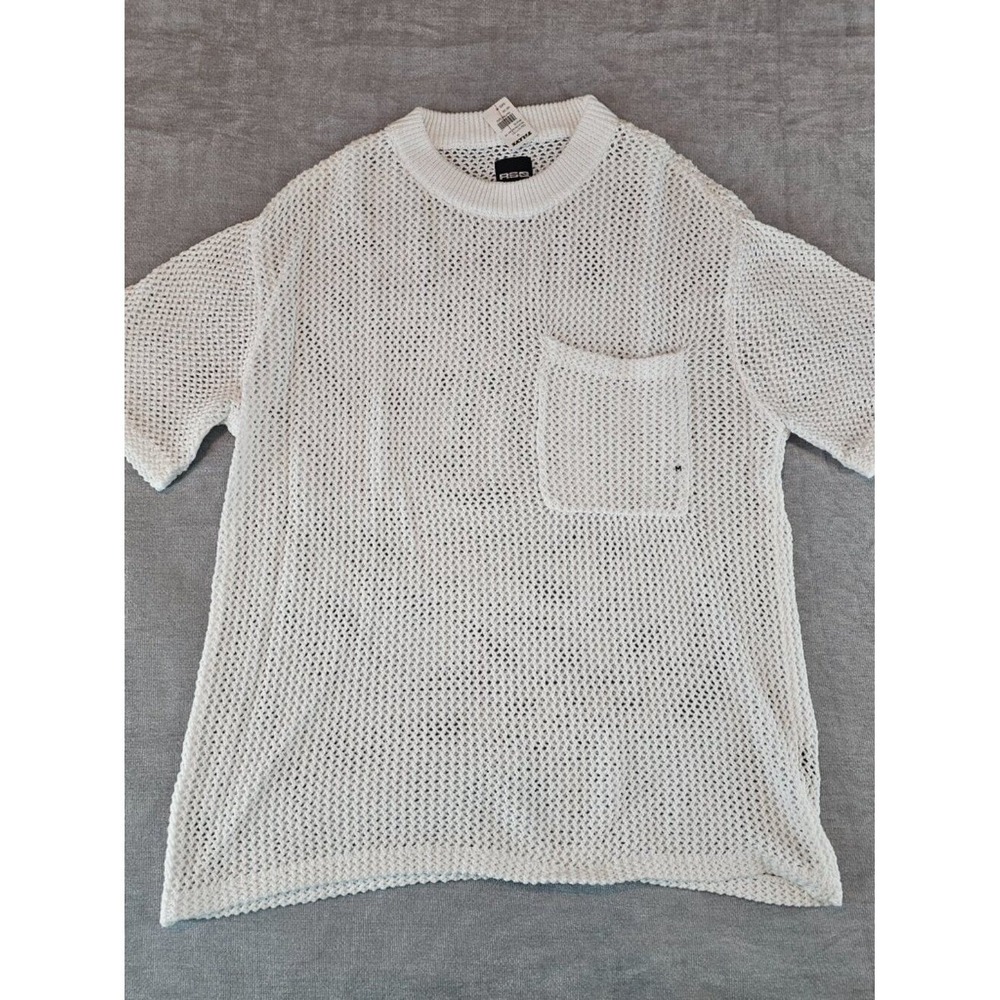 RSQ Mens Sweater Polo Shirt Short Sleeve White Knit Cotton Medium Net Top